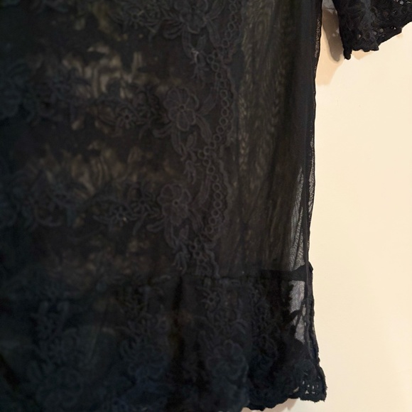 Black Mesh Tee with Lace Overlay and Scalloped Edges - Picture 7 of 13